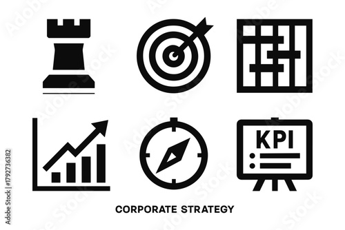 Business strategy icons: chess, target, graph, kpis, compass, growth