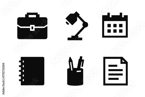 Simple office icons set representing work essentials in black