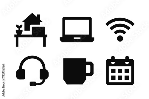 Black icons representing remote work essentials: desk, laptop, wi-fi, headset, coffee, and calendar