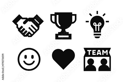Minimalist icon set featuring teamwork, trophy, ideas, positivity, and heart symbols
