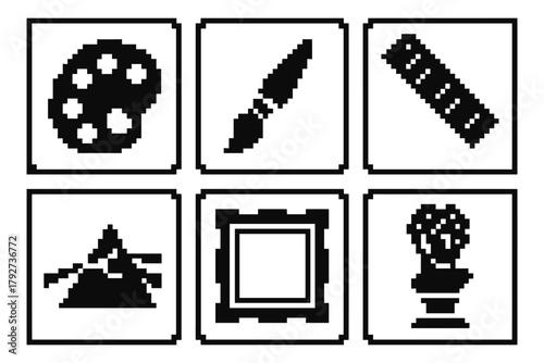 Retro pixel icons of art supplies and sculptures in classic 8-bit style