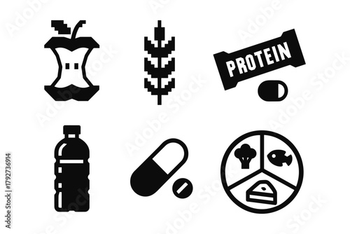Minimalist icons of nutrition and health: protein, grains, hydration, and balanced diet