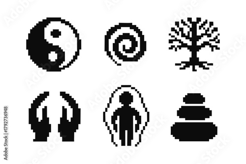 Pixel art icons: yin yang, spiral, tree, healing hands, aura, zen stones