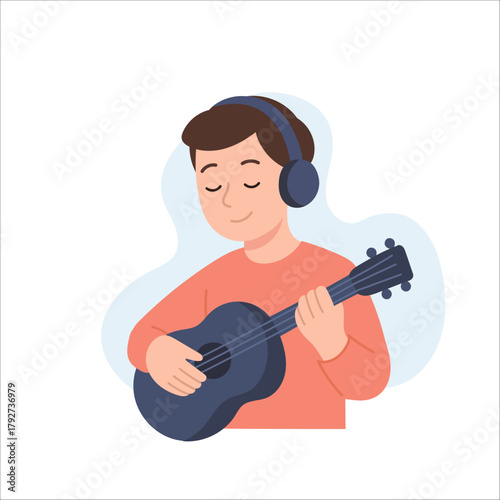 oy wearing headphones playing guitar, music expression shown in soft blobs style, music mood conveyed through peaceful pose, music theme ideal for audio or hobby content.