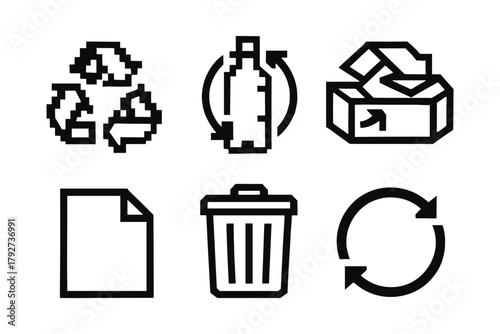 Recycling icons set: pixel art style for sustainable waste management