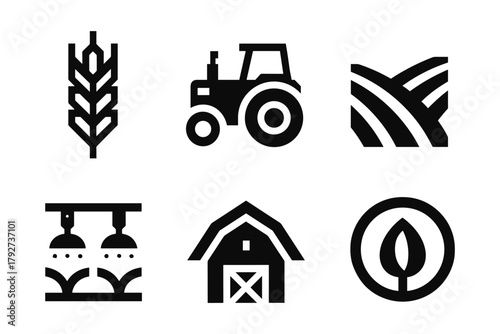 Farm icon set: agriculture, tractor, barn, and crop symbols in bold minimalist style