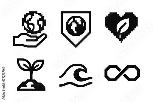 Pixel art icons for environmental conservation and sustainable development
