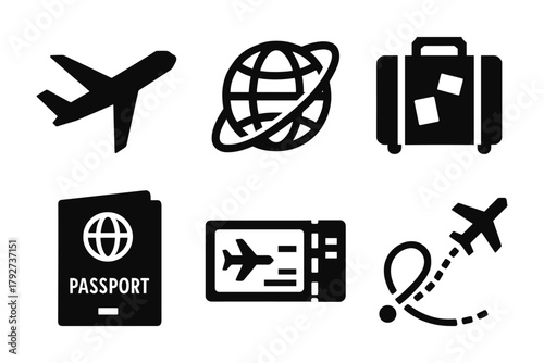 Travel icons set: airplane, passport, ticket, and luggage in bold silhouette style