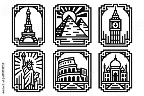 Geometric monuments: iconic world landmarks depicted in minimalist black and white style