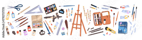 Set of drawing and painting tools. Different stationery for art. School supplies for craft: pencils, crayons, paints, brushes, easel, sketchbook. Flat isolated vector illustrations on white background