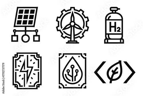 Renewable energy icons: solar, wind, hydrogen, circuit, biodegradable