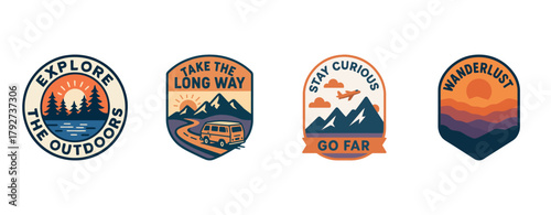 Adventure badges featuring nature scenes and travel inspirations