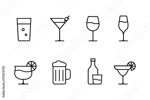 Minimalist line icons of various drink glasses for beverage design