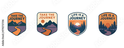 Adventure badges with mountain landscapes and inspirational journey messages