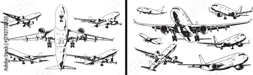 Airplane Illustration Vector, Aviation Doodle Art, Air Travel Sketch, Passenger Plane Drawing, Jet Aircraft Cartoon, Flight Transportation Design, Airport Icons Clipart, Flying Vehicle Outline, Aeropl