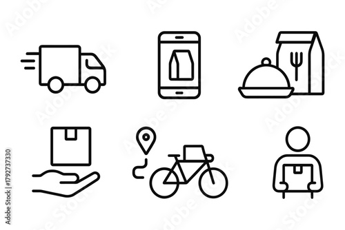 Linear icons of food delivery and logistics services