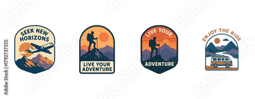 Adventure badge set: hiking, travel, exploration, mountains