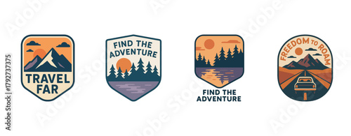 Explore nature with adventure badges: scenic mountains, forests, lakes, roads