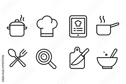 Minimalist cooking icons set: chef hat, pot, spoon, and digital recipe