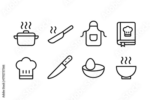 Minimalist kitchen line icons: tools and cooking essentials set