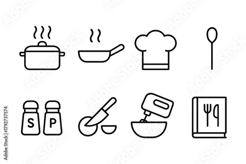 Modern cooking and kitchen utensils line set with chefs hat and recipe book