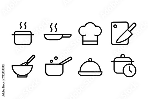 Minimalist kitchen icons: cooking utensils, chef hat, and tools in linear style
