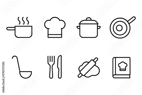 Simple linear icons of kitchenware and cooking utensils for culinary designs
