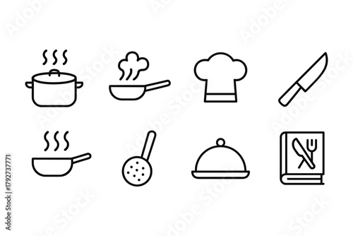 Minimalist cooking line art icons for kitchenware and culinary tools