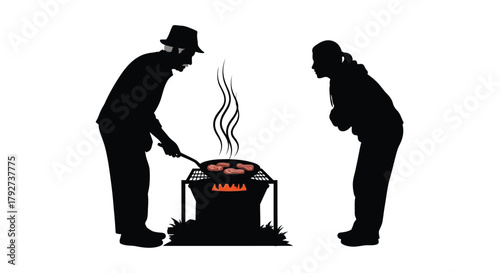 Silhouettes of people grilling outdoors a simple black and white scene