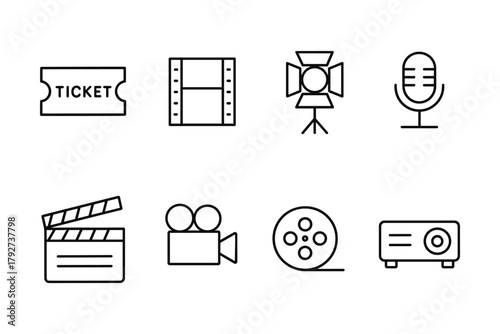 Linear icons representing cinema and multimedia equipment