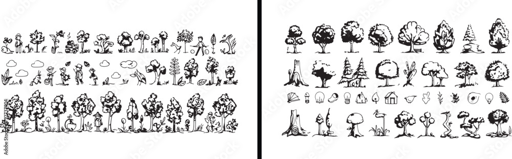 Fototapeta premium Nature Landscape Illustration, Trees and Forest Doodle, Green Plant Sketch, Outdoor Scenery Vector, Environment Scene Design, Eco Friendly Art, Landscape Drawing Outline, Vegetation Clipart, Botanical