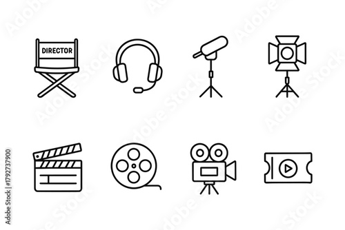 Linear icons set: film equipment and cinema symbols collection