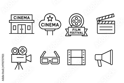 Cinema icons set: line art styles including film festival and movie equipment