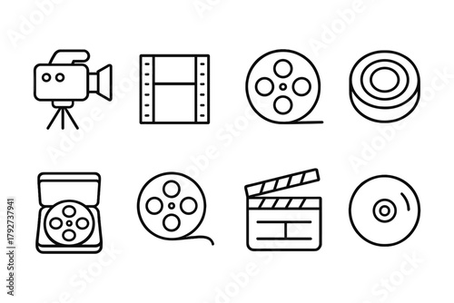 Set of linear cinema icons: camera, film, clapboard, and reel designs