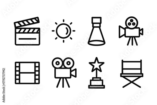 Film industry icons: simple linear camera, clapperboard, spotlight, film reel, director chair symbols