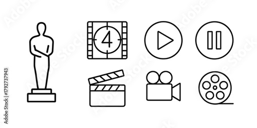 Film icon set featuring camera, clapboard, and minimalistic symbols for movie enthusiasts