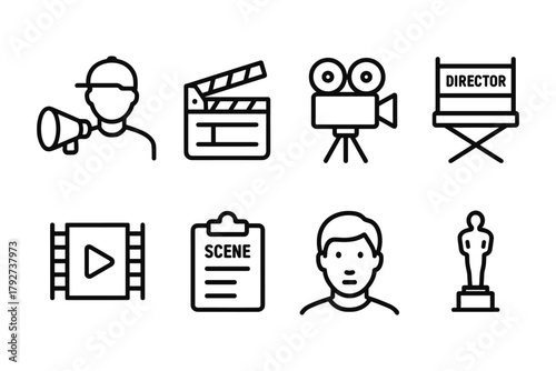Film industry icons set featuring director, clapperboard, camera, and award in linear style