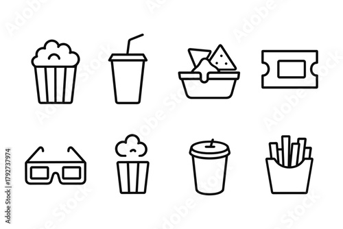 Minimalist cinema snack icons: popcorn, soft drinks, nachos, and more