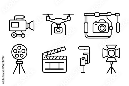 Linear icons of camera equipment: drone, clapperboard, tripod lighting, gimbal