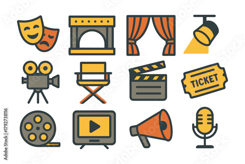 Colorful set of theater and cinema icons in modern flat design