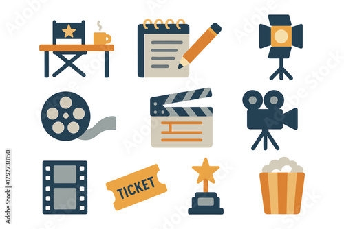 Cinema and movie icons set: film equipment, clapperboard, popcorn, and more