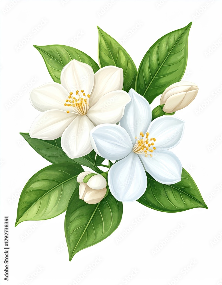 Obraz premium White blossoms and green leaves illustration, isolated