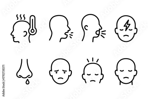 Linear symptom icons: fever, cough, headache, and more in simple line style
