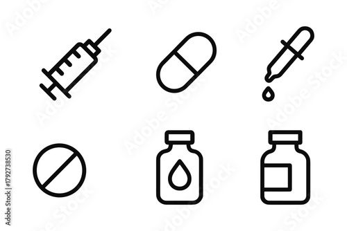 Medical icons set: syringe, pills, dropper, bottles in simple linear style