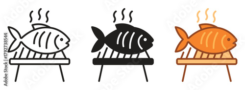 Grill fish icon set. Fish BBQ. Grill fish. Grilled Fish on the grid. Picnic food. Summer BBQ graphic element isolated. Hand drawn barbecue ,vector illustration.