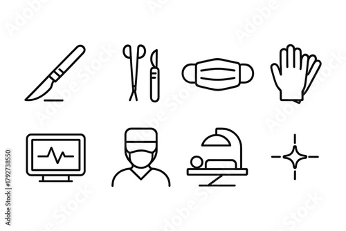 Black linear icons of surgical instruments and equipment for medical use