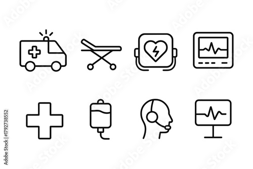 Medical emergency icons set featuring ambulance and heart monitor in linear style