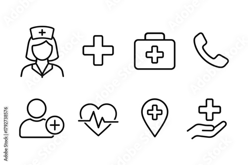 Healthcare icon set: nurse, medical kits, and health symbols in minimalist design