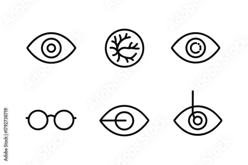 Minimalist vision icons set with eyes and glasses in linear style