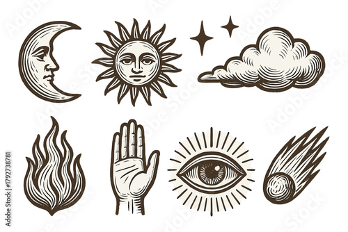 Vintage celestial and mystical elements: sun, moon, eye, hand, and cloud designs